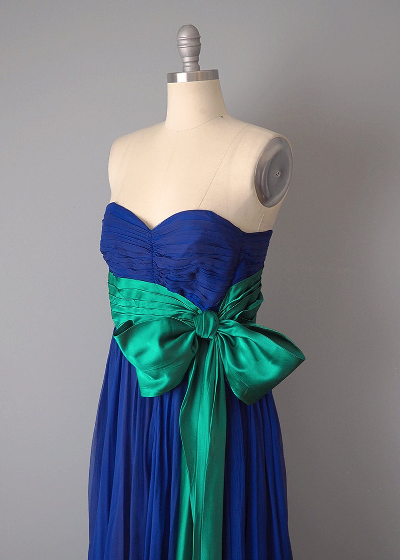 Bergdorf Goodman Designer Couture / 1950s Dress and Cape / 1957 Royal Blue and Emerald Silk Gown and Matching Cape / Size Small image 3