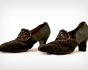 1800s Shoes / Victorian Black Silk Satin Heels w/ Cut Steel Beads / US 5 / UK 2.5 / EUR 35