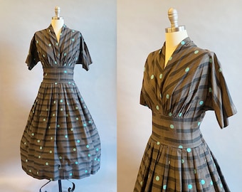 1950s Polka Dot Day Dress / 50s Fit And Flare / 1950s Party Dress / Size Large