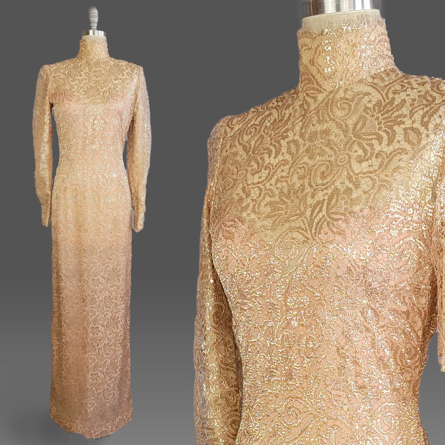 Gold Evening Dress / Saks 5th Avenue Dress / 1980s Gold Lace Long Sleeved Evening Gown / Size Medium