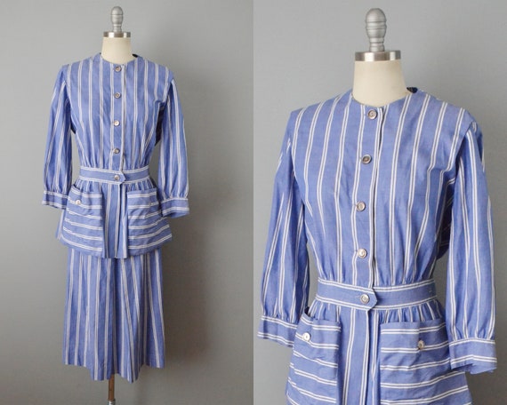 1940s Set / Striped Dress Set / Vintage Day Wear /