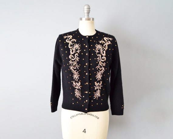 1960s Beaded Sweater / Angora and Wool Sequined a… - image 1