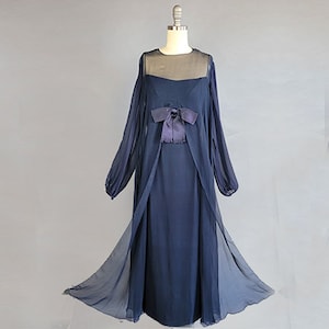1960s Chiffon Gown / 1960s Navy Silk Chiffon Gown with Over Dress and Bow / Navy Formal Dress / 1960s Evening Dress / Size Small Medium