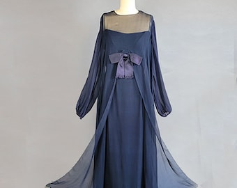 1960s Chiffon Gown / 1960s Navy Silk Chiffon Gown with Over Dress and Bow / Navy Formal Dress / 1960s Evening Dress / Size Small Medium