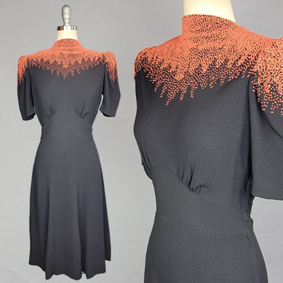 Rare 1940s Dress / Black Crepe Dress with Cascadi… - image 1