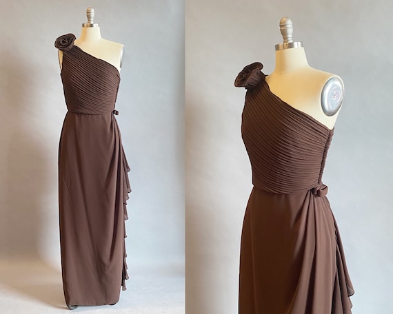 1980s Chiffon Gown / Brown Chiffon Gown / One Sho… - image 1