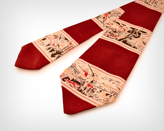 40s Tie // 1940s Hunting Scene Silk Tie // Vintage