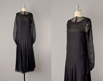 1920s Silk Dress / 1920s Black Silk Lace and Chiffon Flapper Dress / Size Small - Extra Small