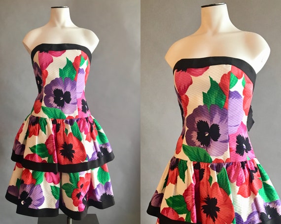 1980s Strapless Flower Print Dress / Cotton Pique… - image 1