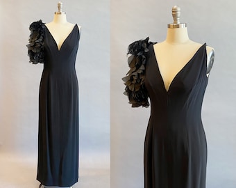 1960's Black Gown /1960's Evening Gown / Audrey Hepburn Dress / Feather Dress / Size Medium