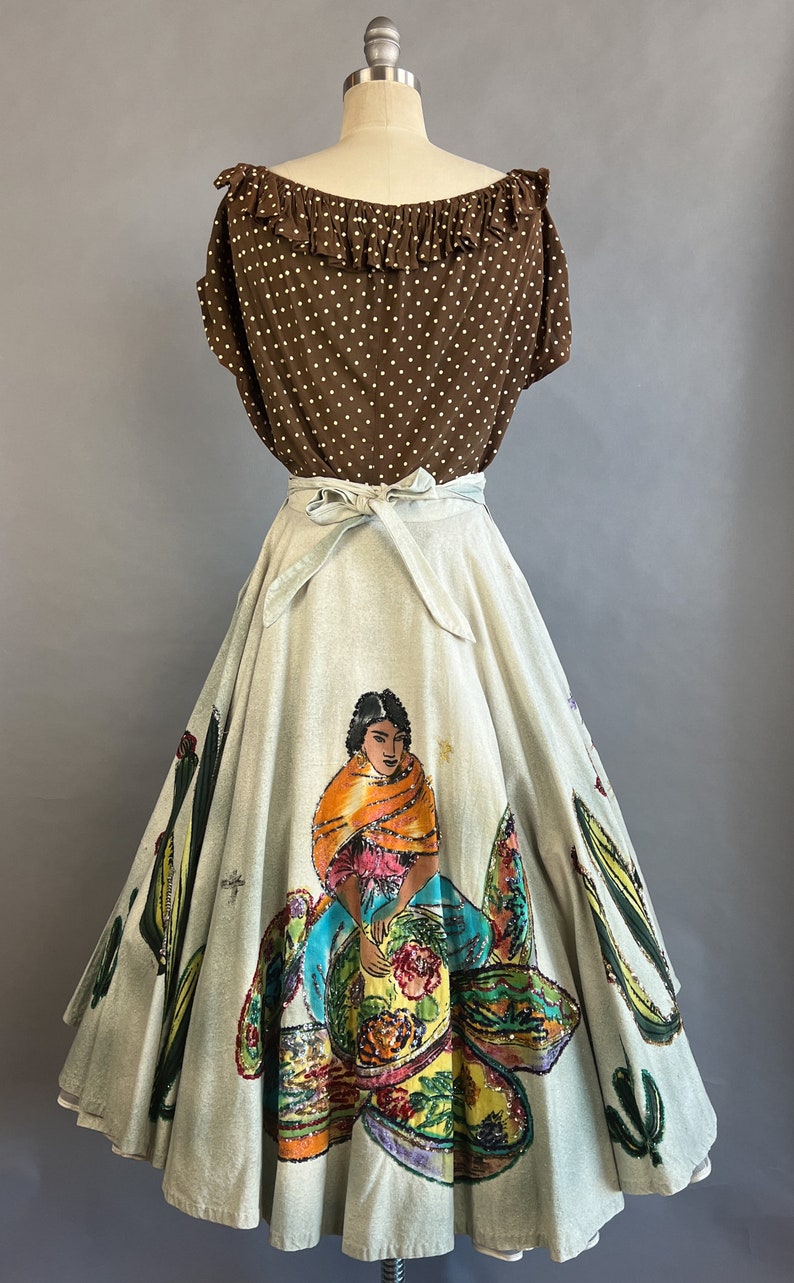 1950s Circle Skirt / 50s Sequin Mexican Circle Skirt w/ Woman, Flowers, & Cacti / Size Medium image 4