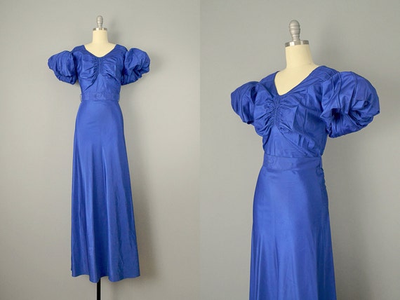 30s Dress // 1930s Royal Blue Silk Taffeta Puff-Sl