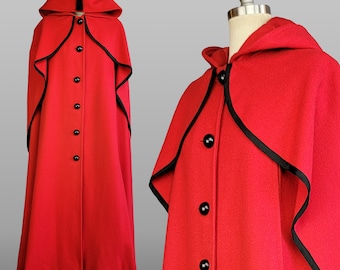 Red Cape w/ Hood / 1960s Lipstick Red Long Wool Cape with Hood / Inverness Cape / Red Cloak / Hooded Cape / Size One Size Small Medium Large