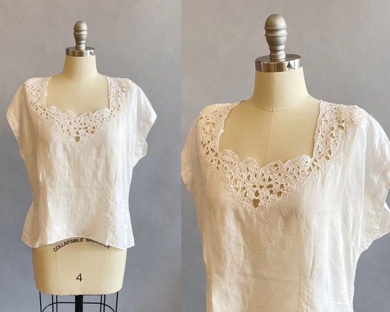 1940s White Linen Blouse / Floral Cut Work Blouse