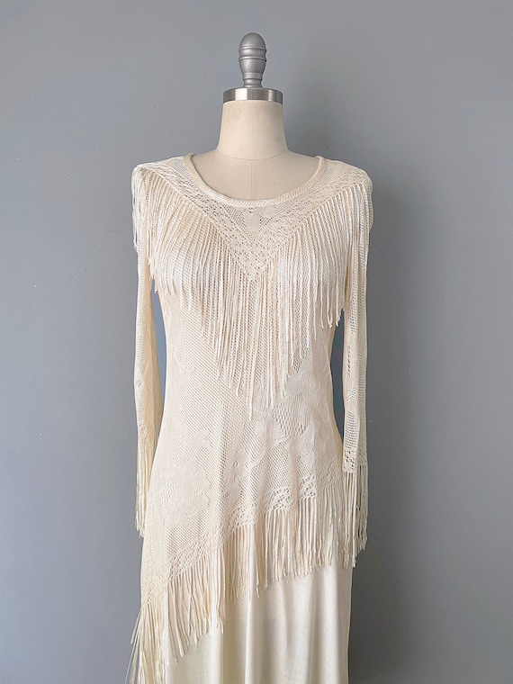 1970s Fringed Dress / Asymmetrical Ivory Slip Dre… - image 7
