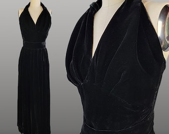 1950s Velvet Dress / Backless Halter Top and Maxi Skirt / 1950s Black Velvet Gown / Size X-Small Small