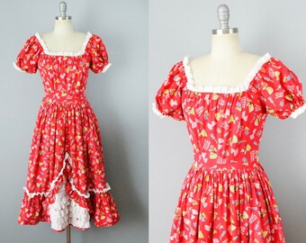 1950s Novelty Print Dress / Square Dance Dress / Fiesta Dress / Mexican Folk Dress / Size Small