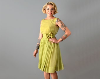 1950s Suzy Perette Party Dress / Green Silk Chiffon Dress / 50s Cocktail Dress / Size Extra Small