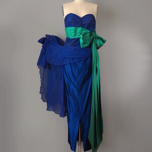 Bergdorf Goodman Designer Couture / 1950s Dress and Cape / 1957 Royal Blue and Emerald Silk Gown and Matching Cape / Size Small image 4