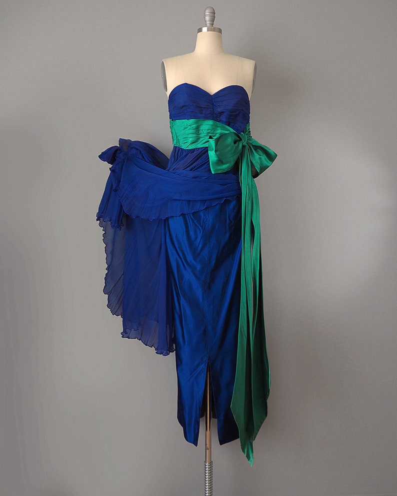 Bergdorf Goodman Designer Couture / 1950s Dress and Cape / 1957 Royal Blue and Emerald Silk Gown and Matching Cape / Size Small image 4
