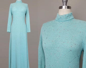1970s Turquoise Dress / Lurex Dress / Blue Evening Dress / Knit Maxi Dress / Disco Dress / Studio 54 Dress / Size Extra Large- XL