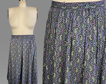 1940s Paisley Skirt / 40s Blue Cotton Paisley Skirt / Size X-Large Extra Large
