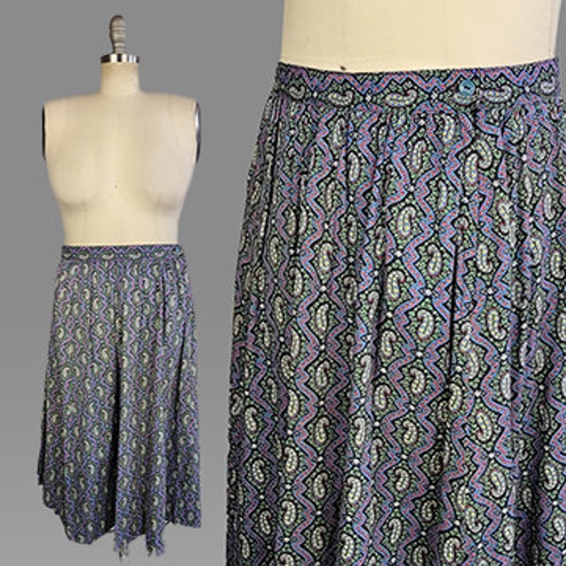 1940s Paisley Skirt / 40s Blue Cotton Paisley Skirt / Size X-Large Extra Large image 1