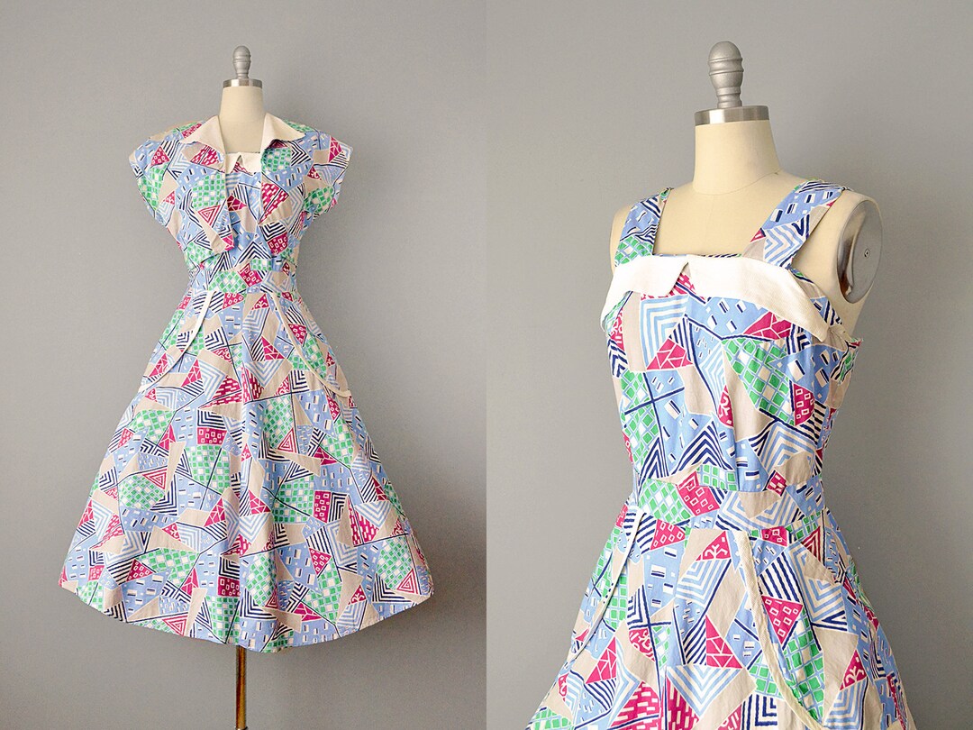 1940s Print Cotton Dress W/ Matching Jacket / 40s Day Dress / - Etsy