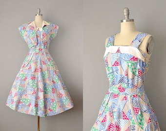 1940s  Print Cotton Dress w/ Matching Jacket / 40s Day Dress / Size Small