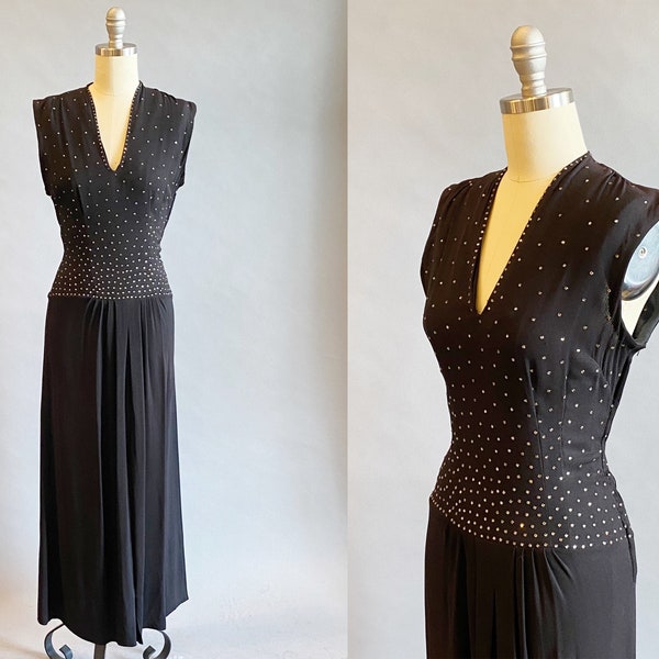 1930s Stunning Black Dress / 30s Black Dress With Rhinestones / Hollywood Starlet Dress / Black Cocktail Gown / Size Small