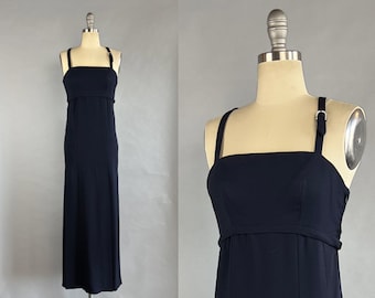 1960s Column Dress / Nina Ricci Navy Blue Silk Crepe Dress with Rhinestone Buckele / Size Small