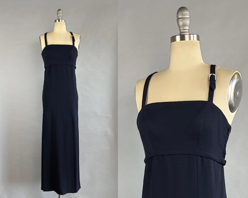 1960s Column Dress / Nina Ricci Navy Blue Silk Crepe Dress with Rhinestone Buckele / Size Small image 1