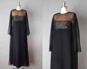 1970s Estevez Dress/ Studio 54 Dress/ Black Chiffon And Rhinestone Gown / Disco Dress/ Size Small