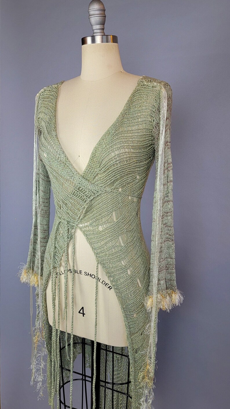 Hand Knit Wrap / Katherine Maxwell Mermaid Sweater Wrap / NWT / Deadstock Vintage / Metallic Green Fringe Jacket / Size Small Size Medium image 6