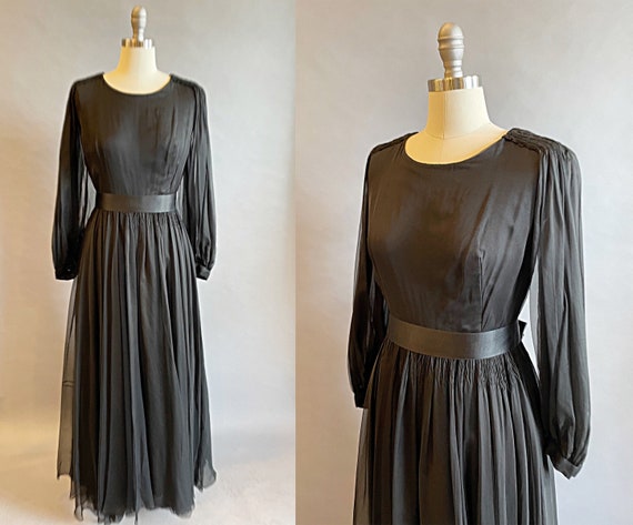 1960's Custom Couture Black Chiffon Dress / Mary Gleason for Bergdorf Goodman / 60's Black Chiffon Gown / Size Large