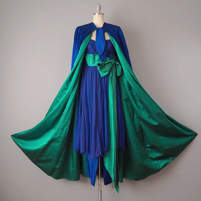 Bergdorf Goodman Designer Couture / 1950s Dress and Cape / 1957 Royal Blue and Emerald Silk Gown and Matching Cape / Size Small image 8