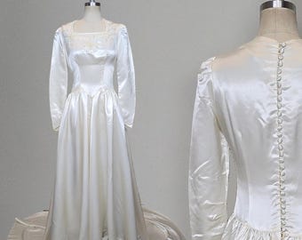 1940s Wedding Gown / Satin Wedding Gown / Wedding Dress with Train /  Beaded Wedding Dress /Vintage Wedding Dress / Size Small