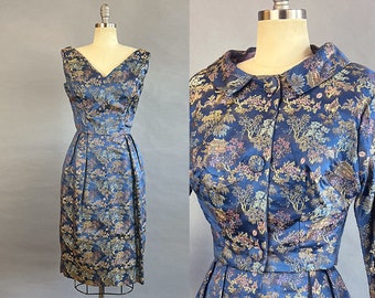 1960s Blue Silk Brocade Fitted Dress and Jacket /  Size Small