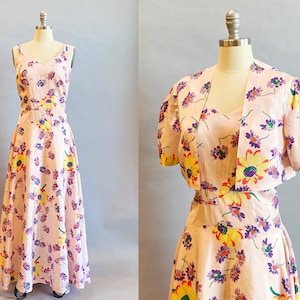 1930&#39;s Floral Dress  / 30&#39;s Dress With Jacket / Silk Taffeta Gown / 30&#39;s Hostess Dress / Size Medium