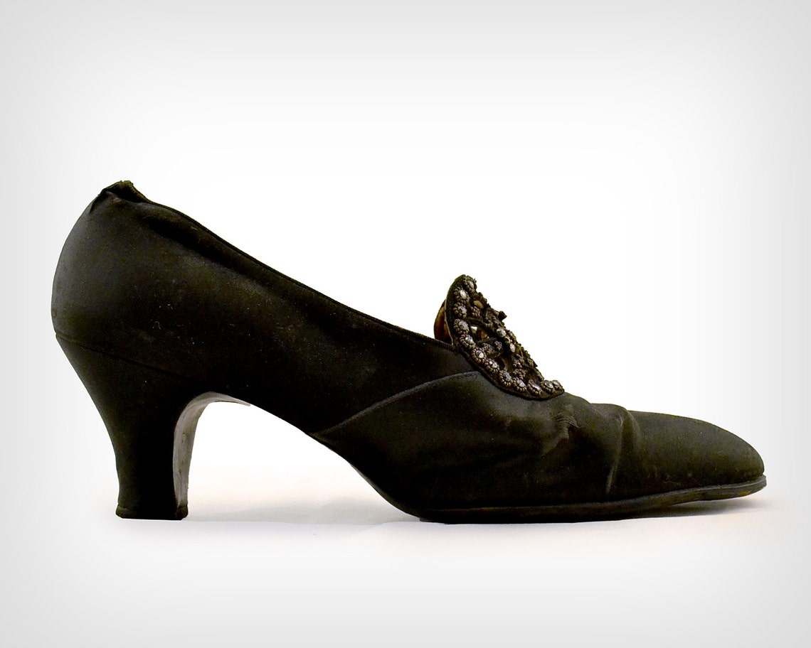 1800s Shoes // Victorian Black Silk Satin Heels w/ Cut Steel Etsy