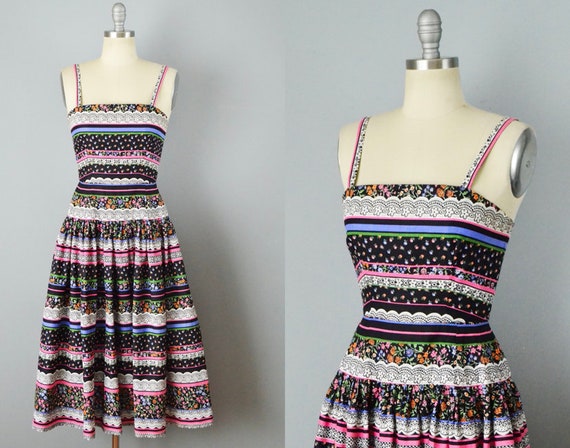 Victor Costa Sundress / 1980s Border Print Dress /