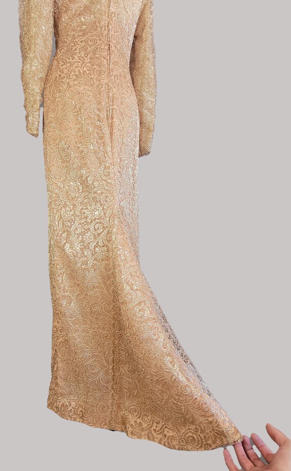 Gold Evening Dress / Saks 5th Avenue Dress / 1980s Gold Lace Long Sleeved Evening Gown / Size Medium
