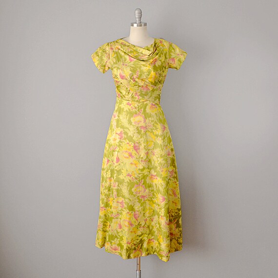 1950s Floral Print Silk Gown / 50s Dress / Yellow… - image 4