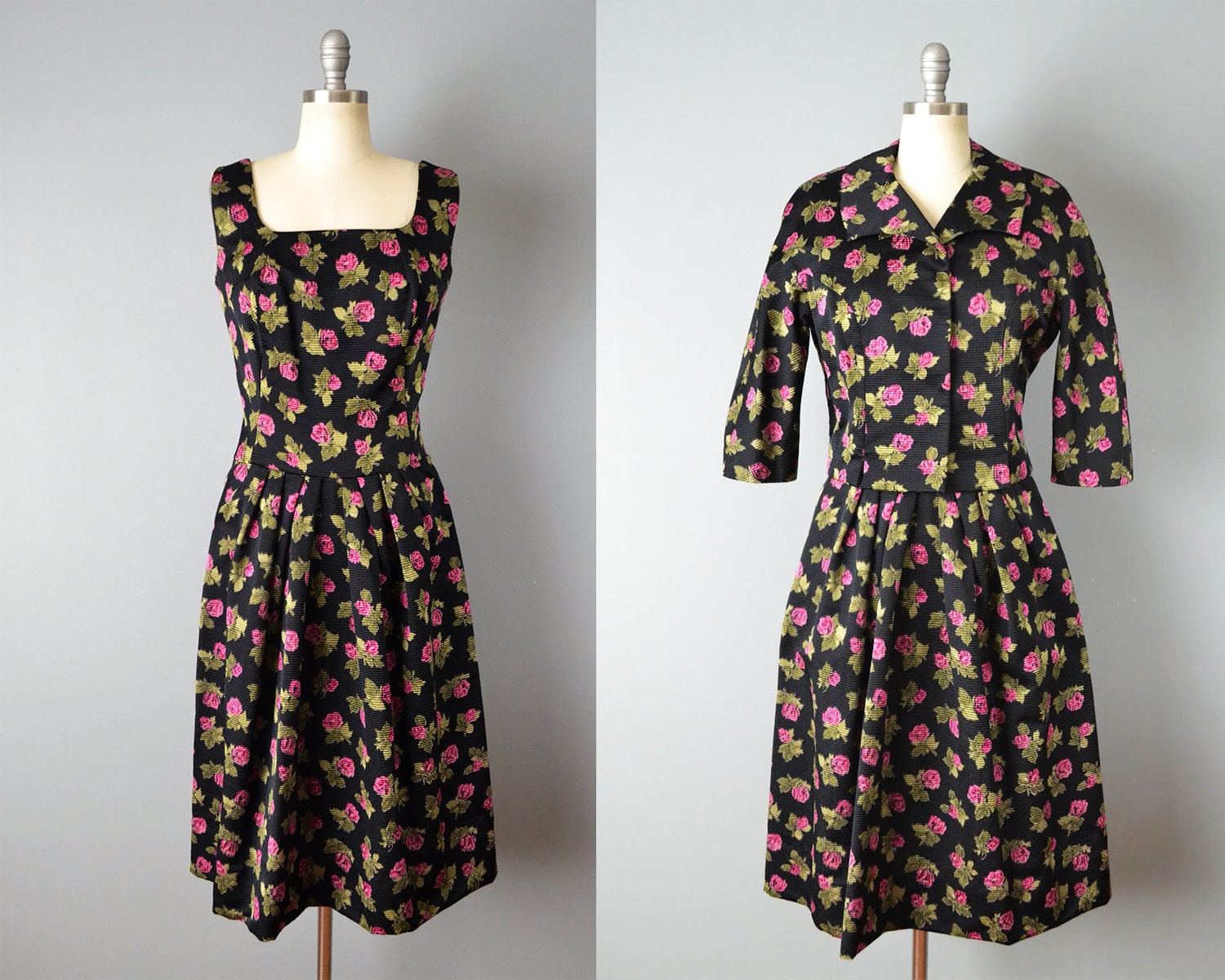 Rare/Designer/ 1950S Rose Print Dress Set By Anthony Blotta // Size Small Medium