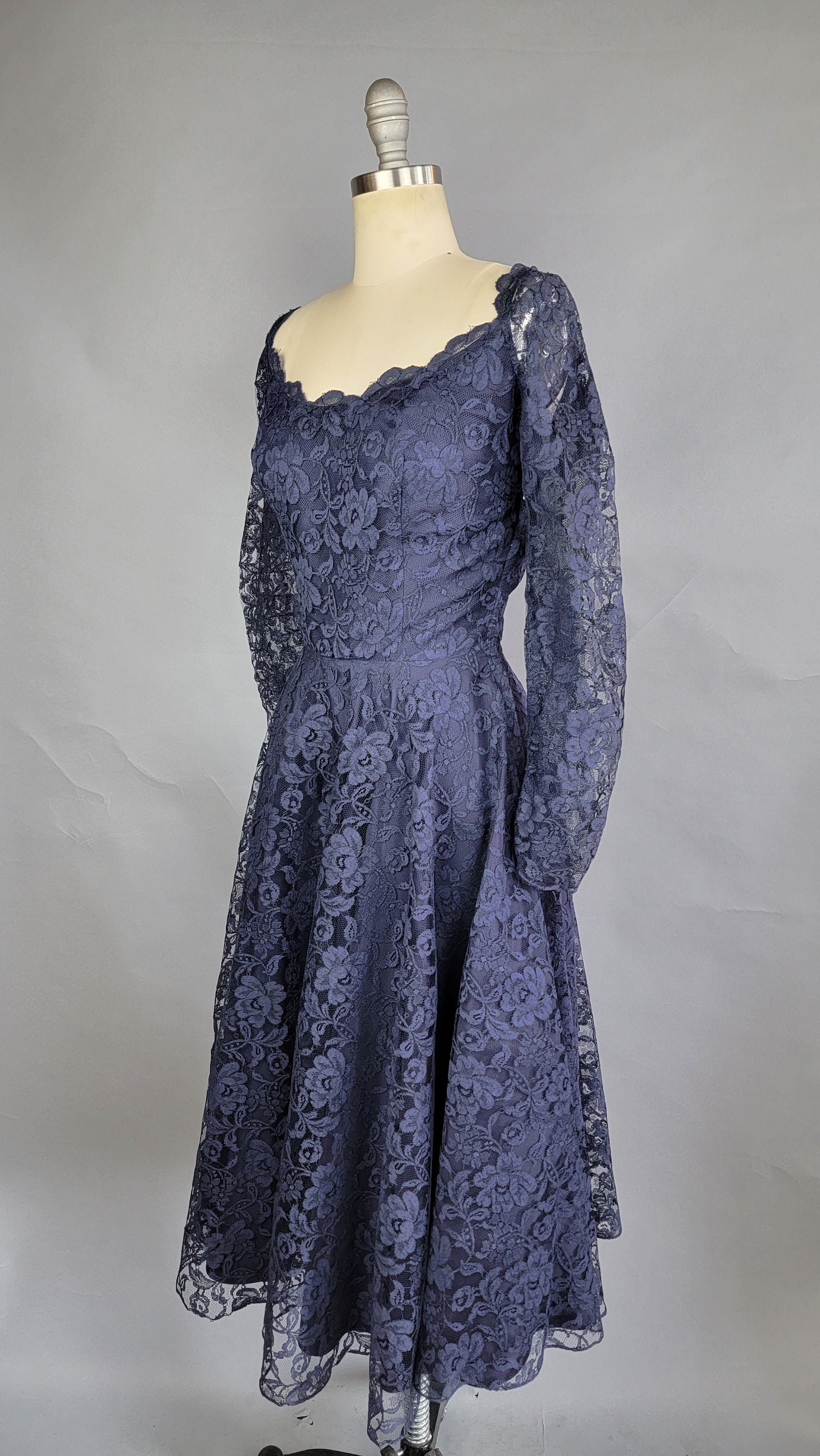 1950s Oleg Cassini Dress / Lace Party Dress / Navy Lace Dress 