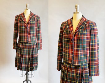 1960er Jahre karierter Wollanzug / karierter Faltenrock und Jacke / karierter Wollrock und Jacke für Frau / Größe S