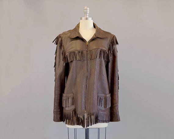 50s Jacket // 1950s Brown Leather Fringed Jacket /