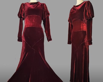 Silk Velvet Gown / 1930s Crimson Velvet Gown with Leg o' Mutton Sleeves / 1930s Dress / Red Velvet Gown / Size Small Medium