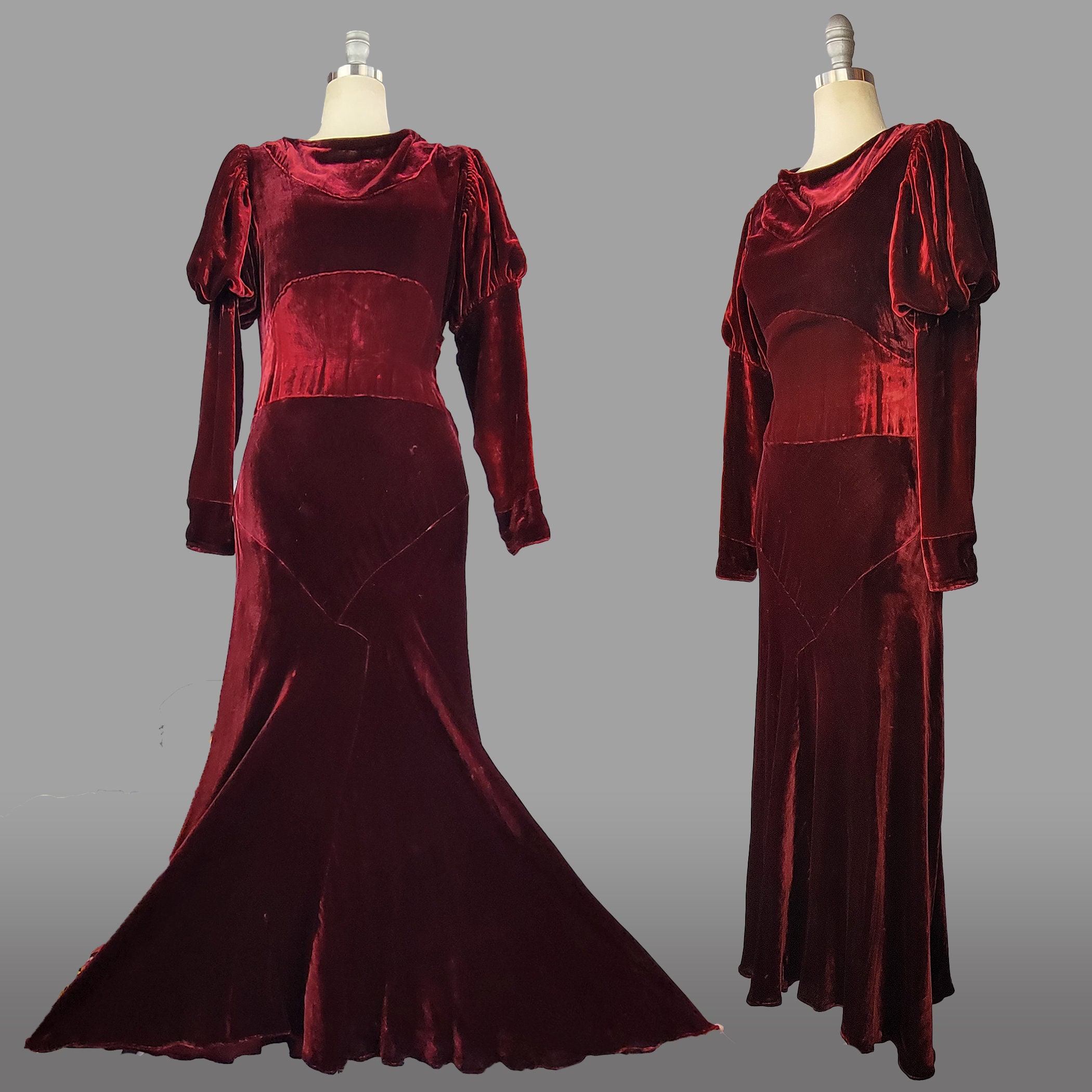 OffBroadwayVintage Silk Velvet Gown 1930s Crimson Velvet Gown with Leg O Mutton Sleeves 1930s Dress Red Velvet Gown Size Small Medium