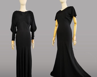 1930s Evening Gown / 1930s Black Bias Cut Dress with Matching Jacket / Art Deco Dress / 30s Black Crepe Gown / Size Small Medium